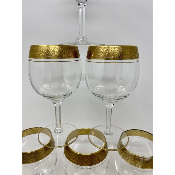 Set Of 6 Vintage MCM Double Gold Banded Wine Glasses Hexagonal Stems Plaza NYC - Picture 2 of 13